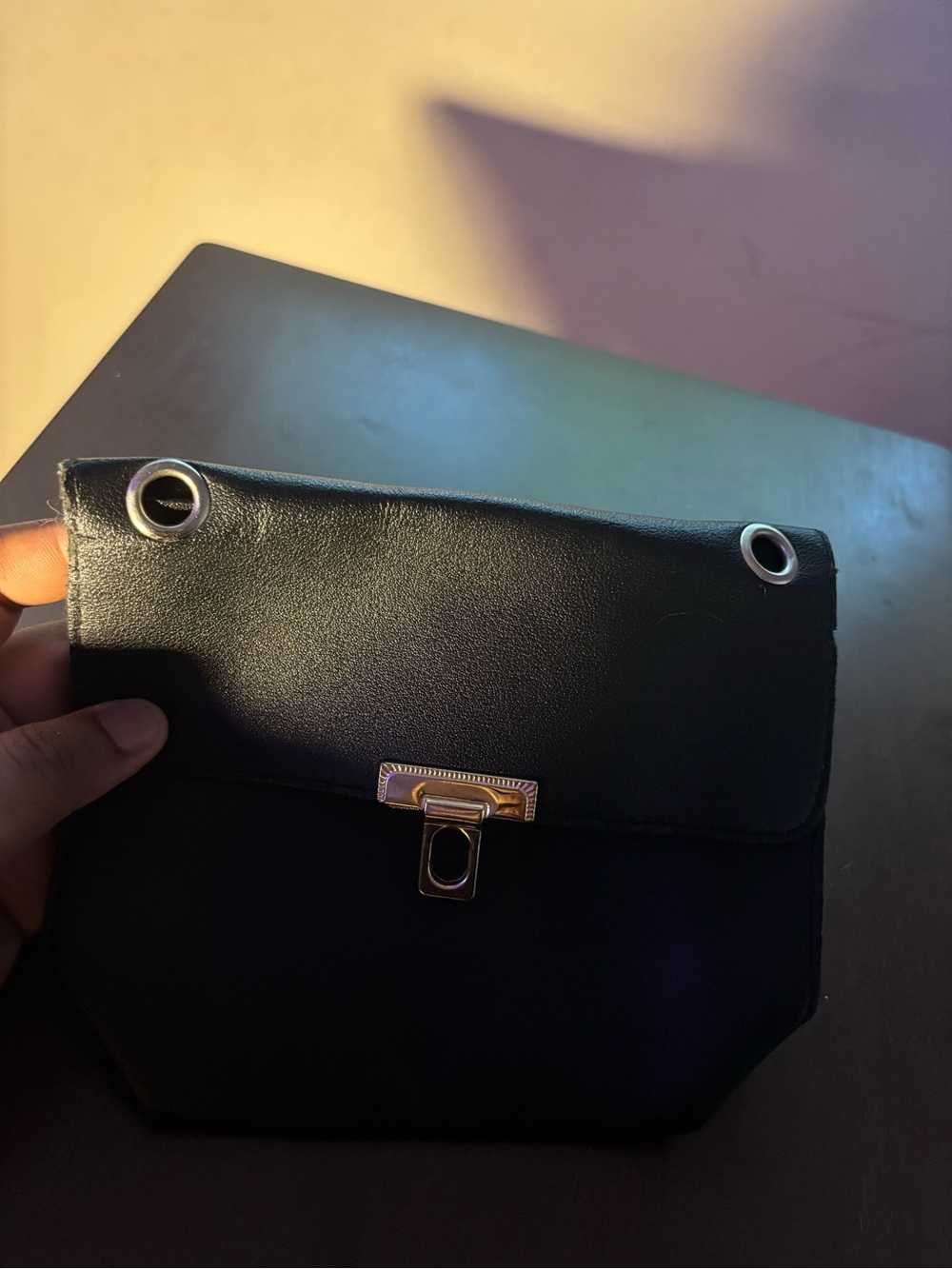 Black Faux Leather Clutch Purse | Gold- Tone Clasp | Missing Chain